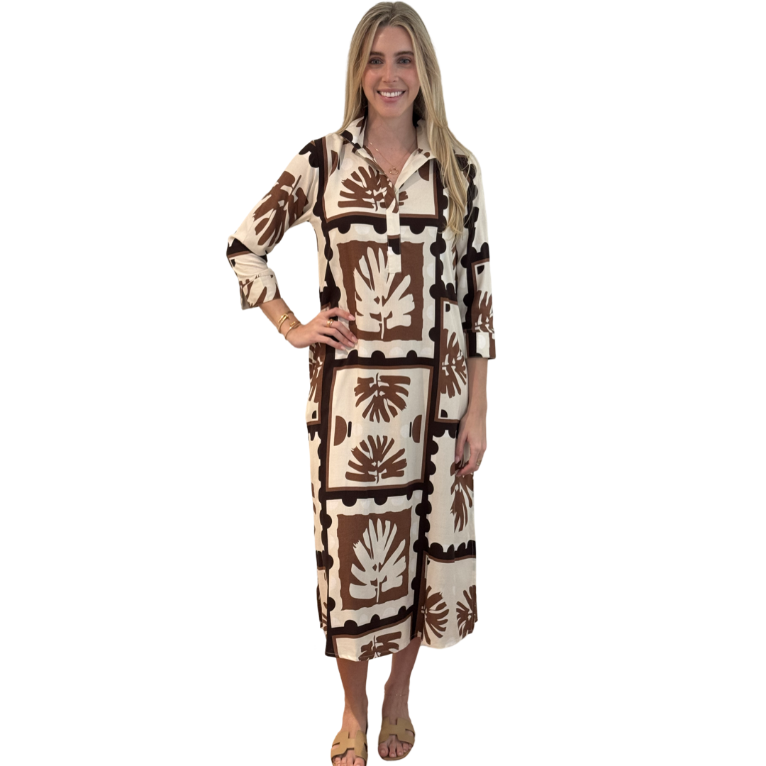 The Lisette Dress In Brown Abstact Palm Print