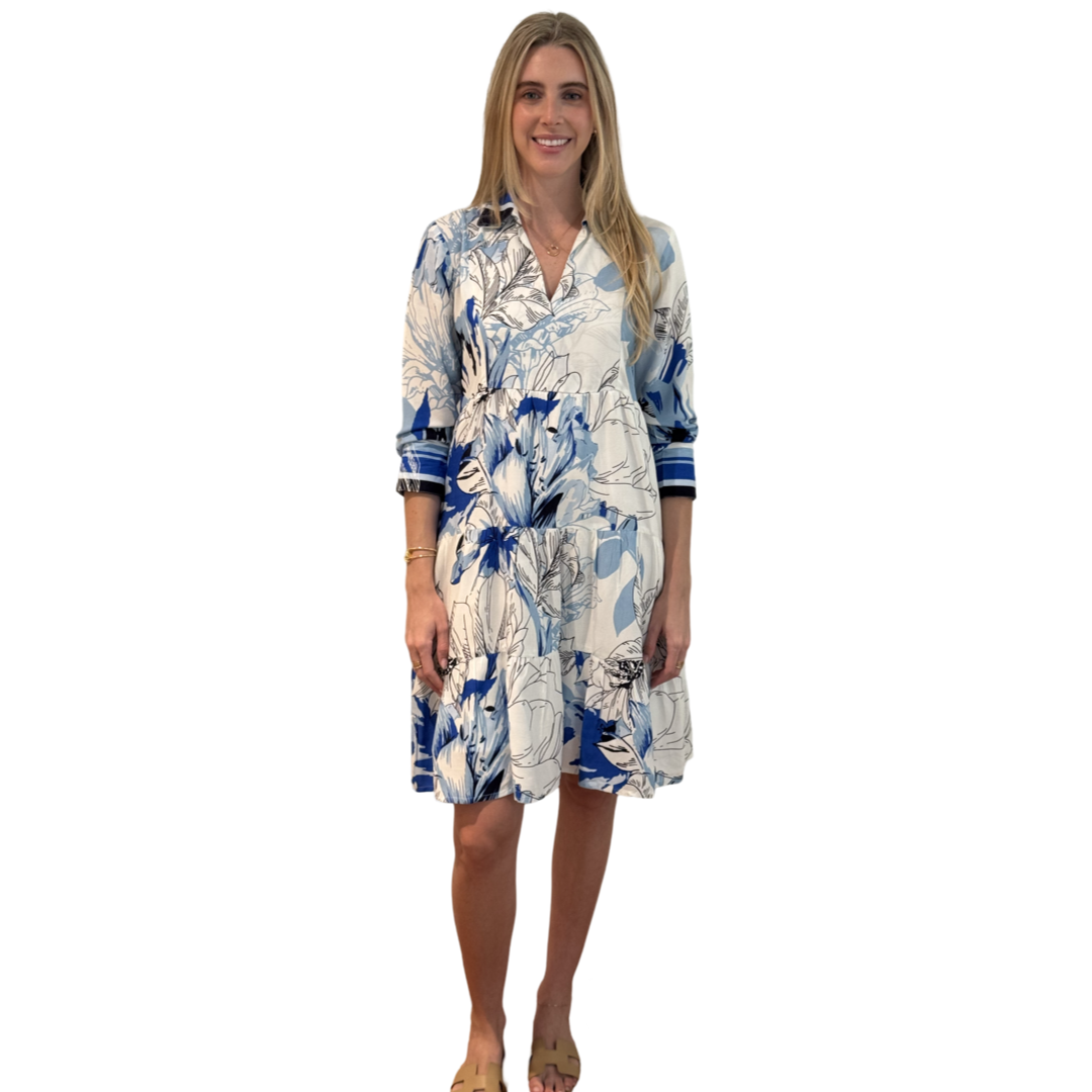 The Annie Easy Fit Collared Dress in Blue Striped Floral — view 3
