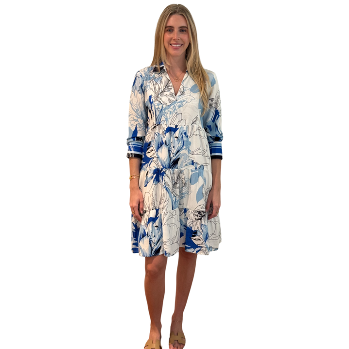 The Annie Easy Fit Collared Dress in Blue Striped Floral — view 3