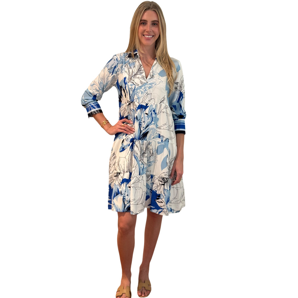 The Annie Easy Fit Collared Dress in Blue Striped Floral — view 2
