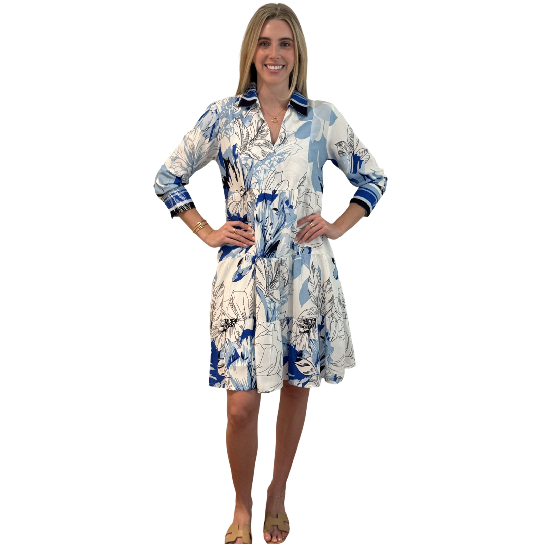 The Annie Easy Fit Collared Dress in Blue Striped Floral — view 4