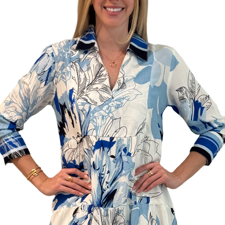 The Annie Easy Fit Collared Dress in Blue Striped Floral — view 5