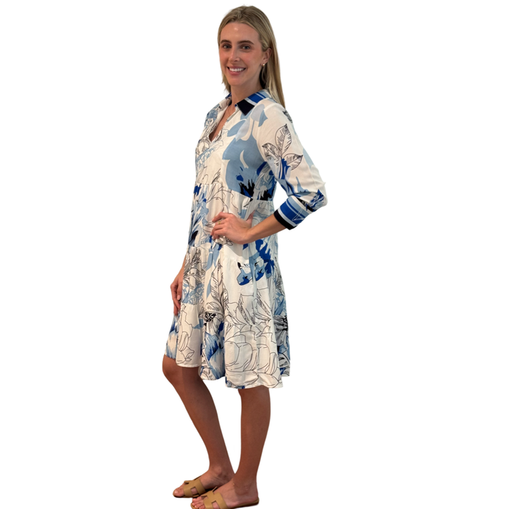 The Annie Easy Fit Collared Dress in Blue Striped Floral — view 6