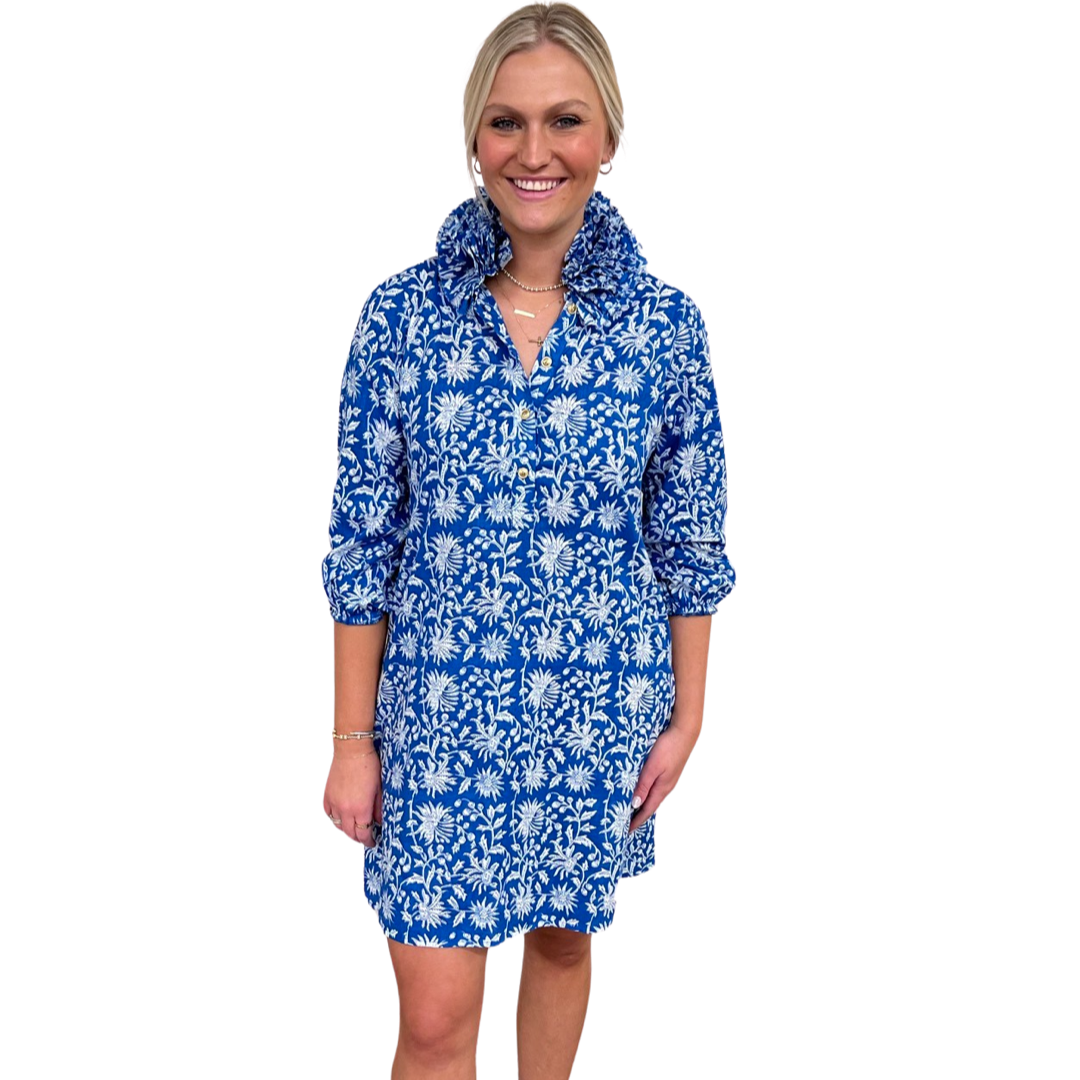 The Maria Ruffle Collar Dress in Blue Floral — view 3