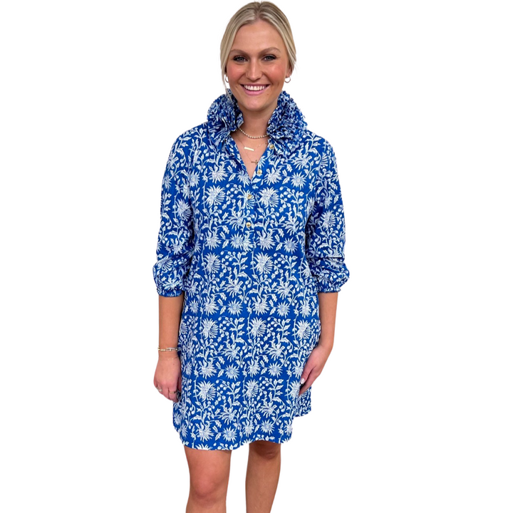 The Maria Ruffle Collar Dress in Blue Floral — view 3