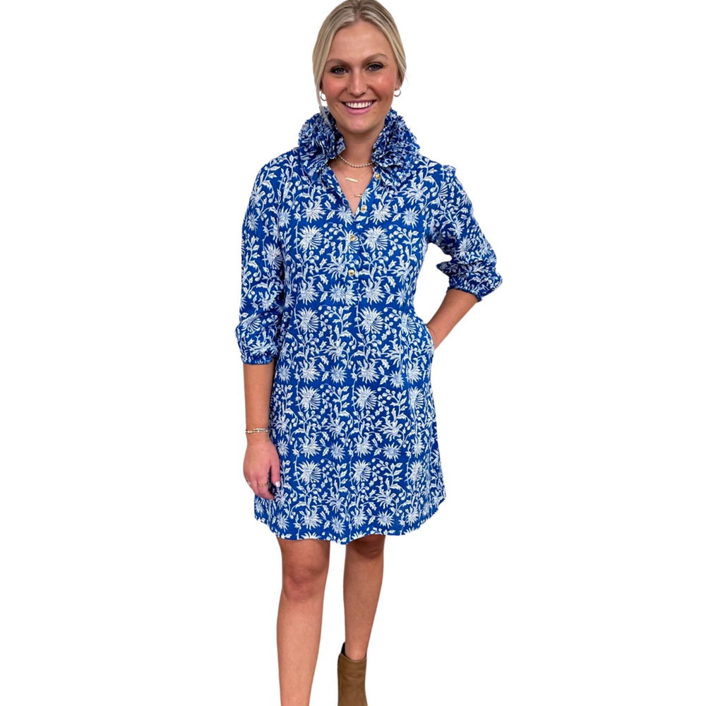 The Maria Ruffle Collar Dress in Blue Floral — view 2