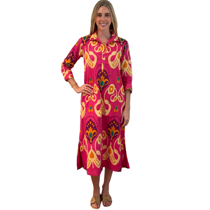 The Lisette Collared Dress in Pink Ikat — view 4