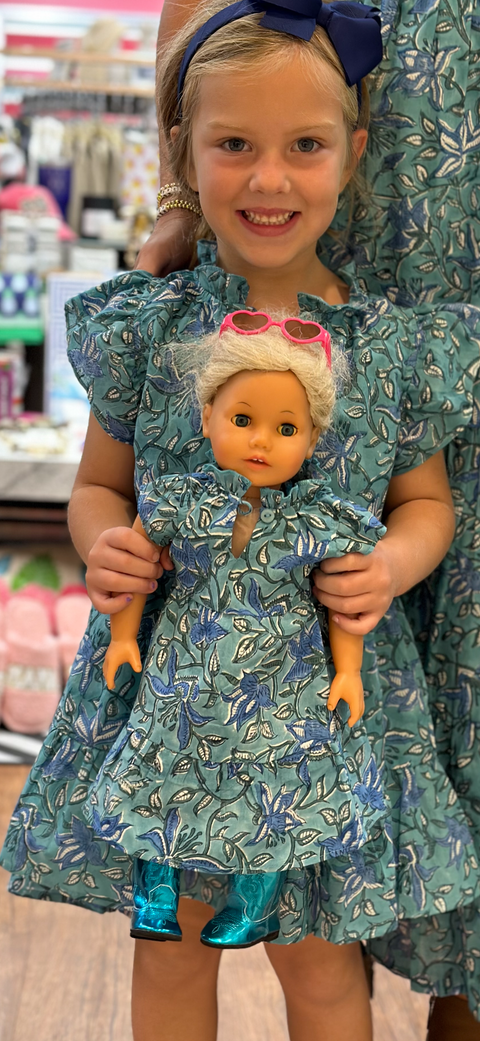 The Tinley Green Blue Block Print Doll Dress