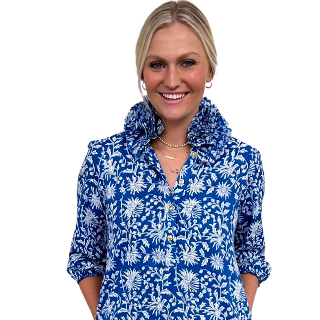The Maria Ruffle Collar Dress in Blue Floral — view 5