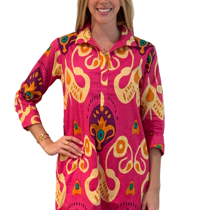 The Lisette Collared Dress in Pink Ikat — view 6