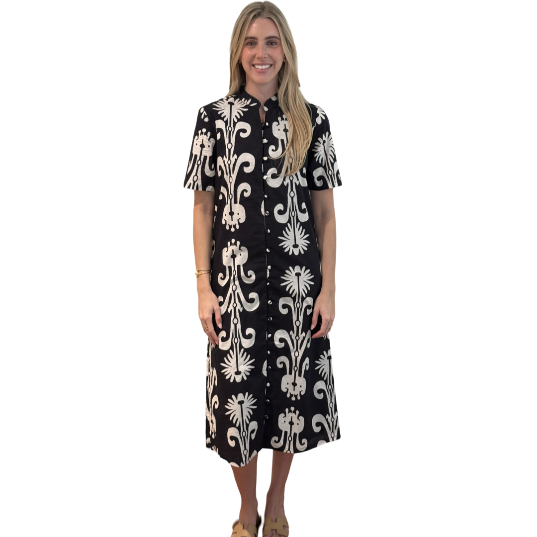 The Tabitha Button Front Straight Dress in Black and White Cotton — view 3