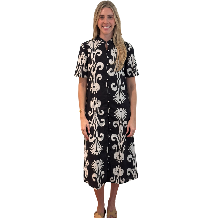 The Tabitha Button Front Straight Dress in Black and White Cotton — view 3