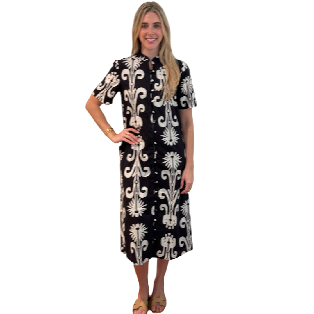 The Tabitha Button Front Straight Dress in Black and White Cotton — view 2