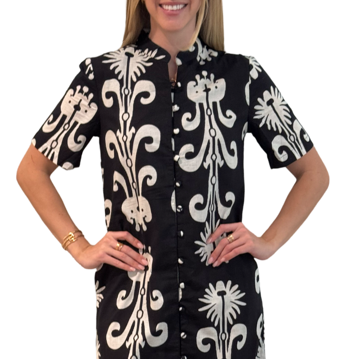 The Tabitha Button Front Straight Dress in Black and White Cotton — view 4