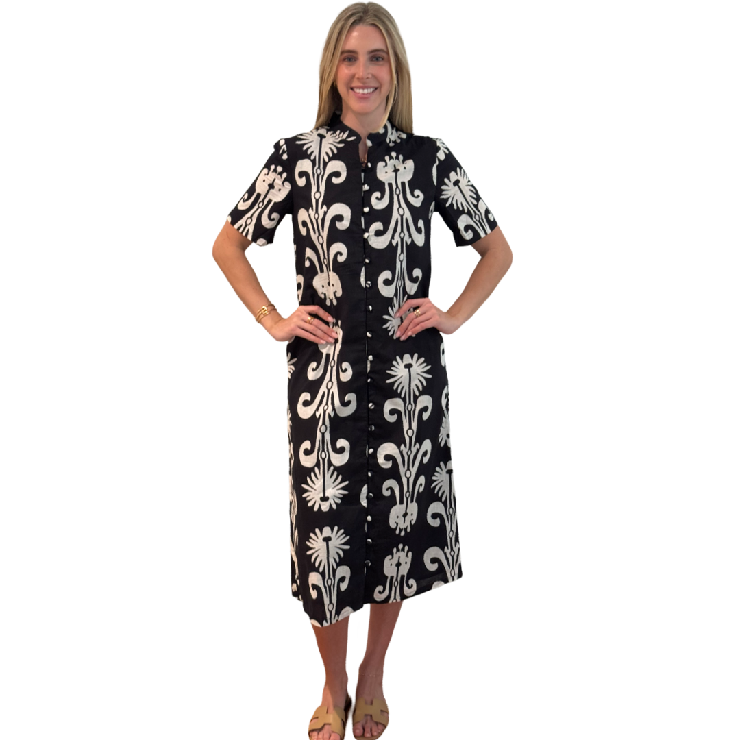 The Tabitha Button Front Straight Dress in Black and White Cotton