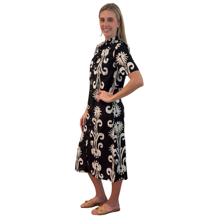 The Tabitha Button Front Straight Dress in Black and White Cotton — view 5