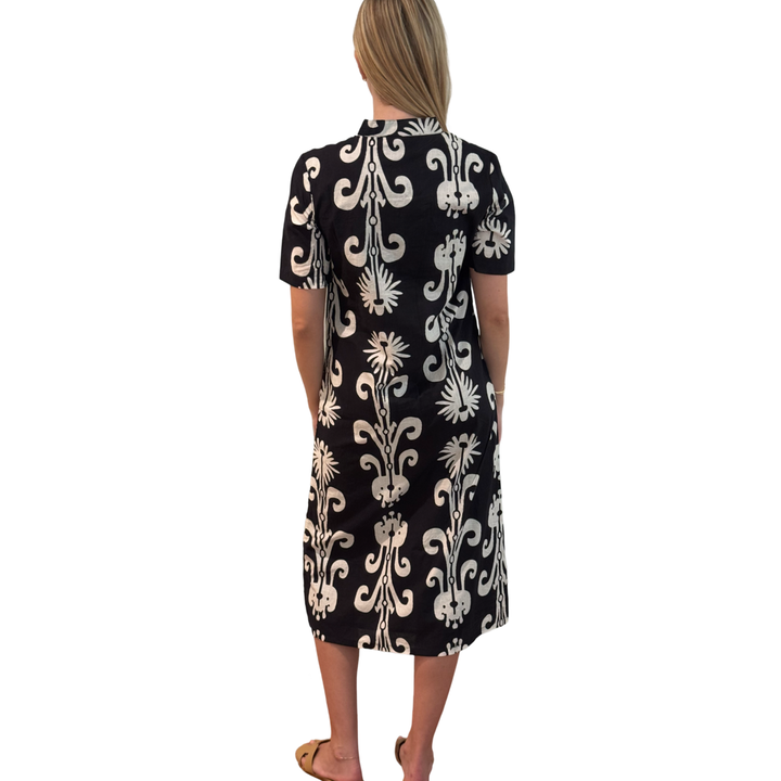 The Tabitha Button Front Straight Dress in Black and White Cotton — view 6
