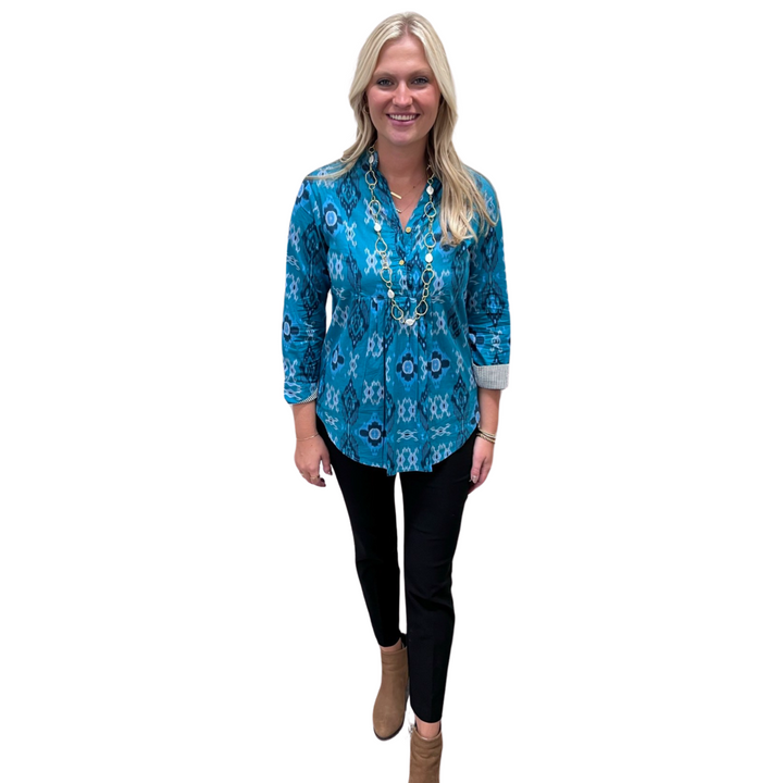 The Elliott Button Front Top in Teal Green Ikat — view 3
