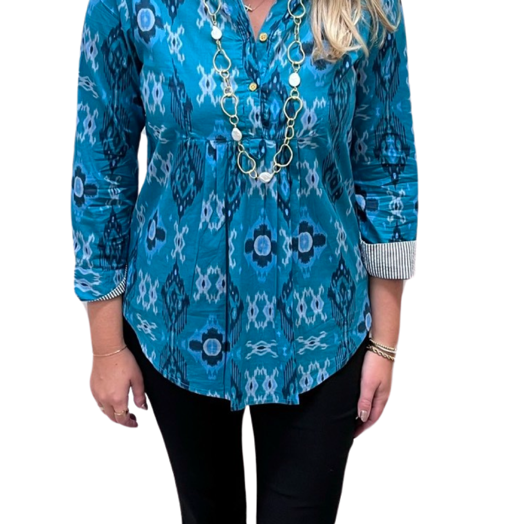 The Elliott Button Front Top in Teal Green Ikat — view 4