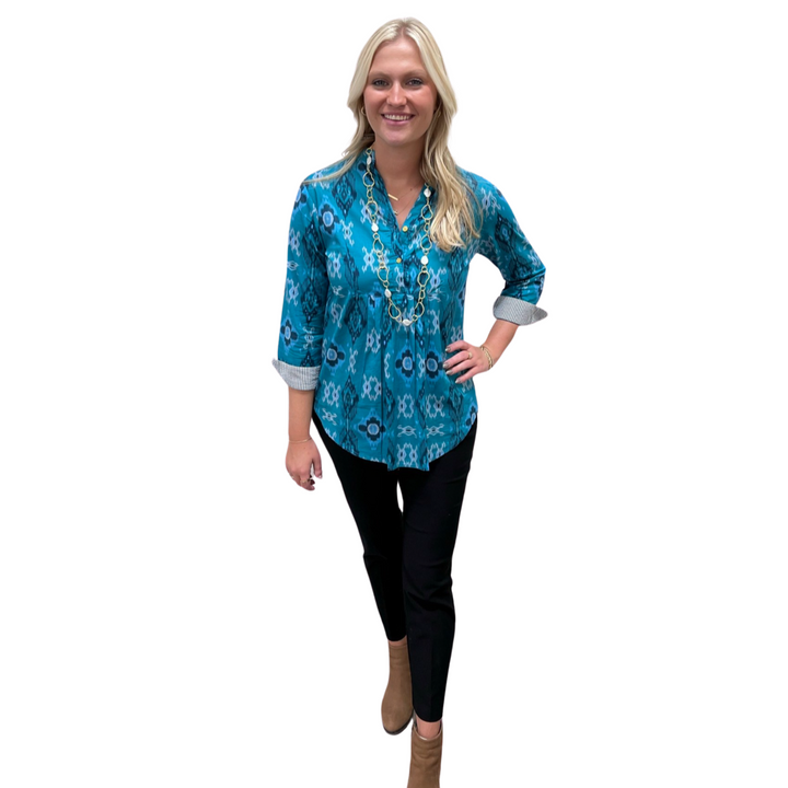 The Elliott Button Front Top in Teal Green Ikat — view 2