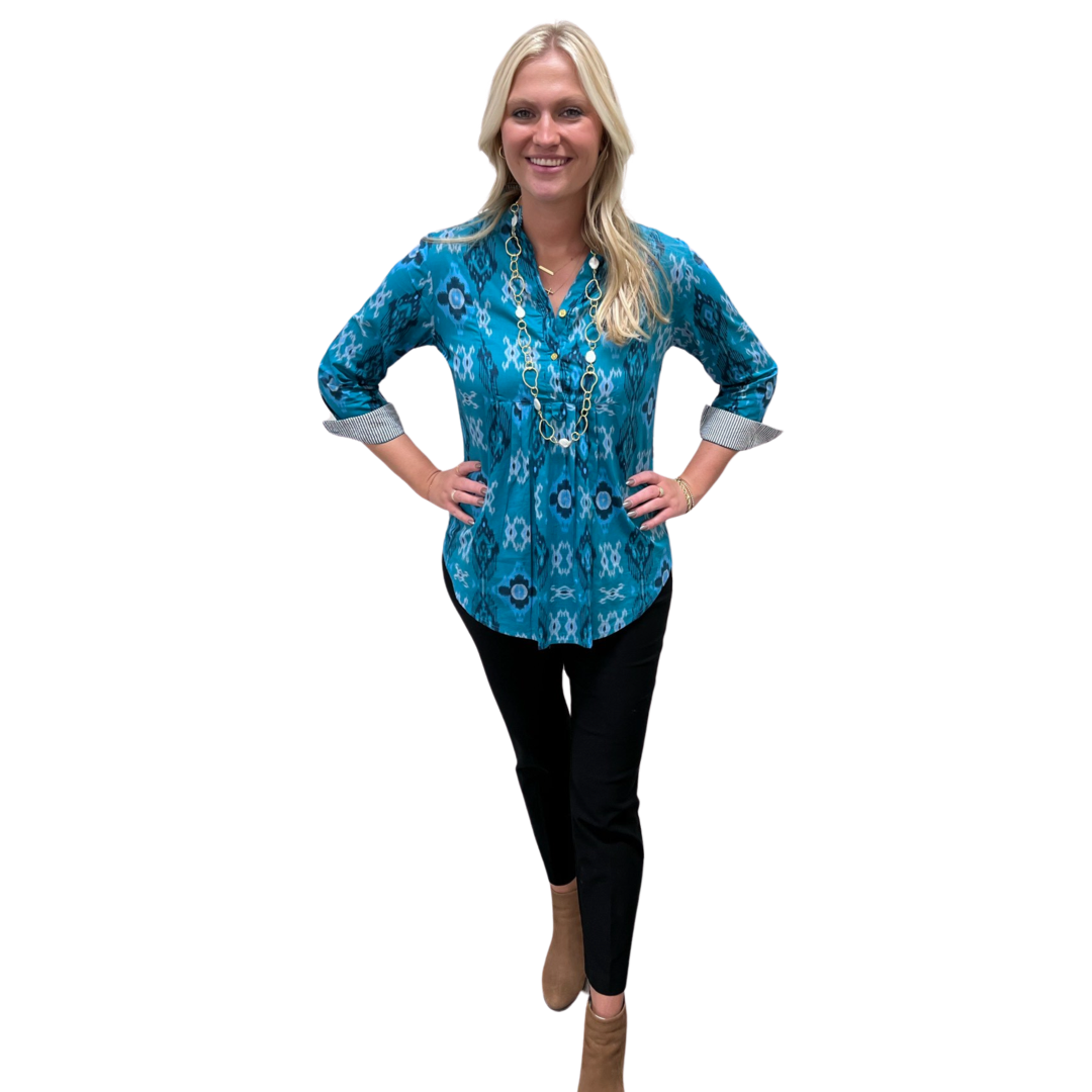 The Elliott Button Front Top in Teal Green Ikat