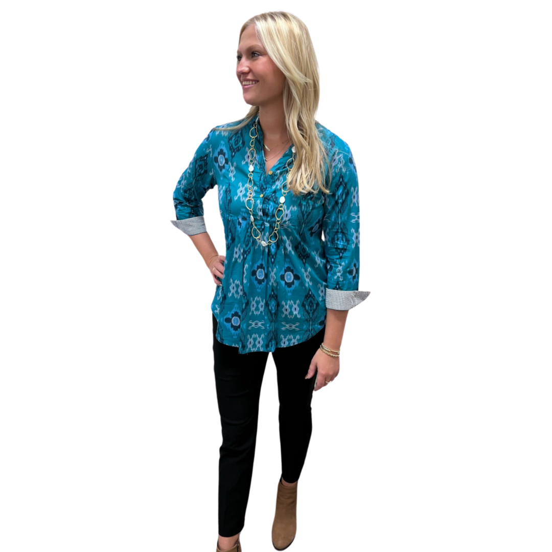 The Elliott Button Front Top in Teal Green Ikat — view 5