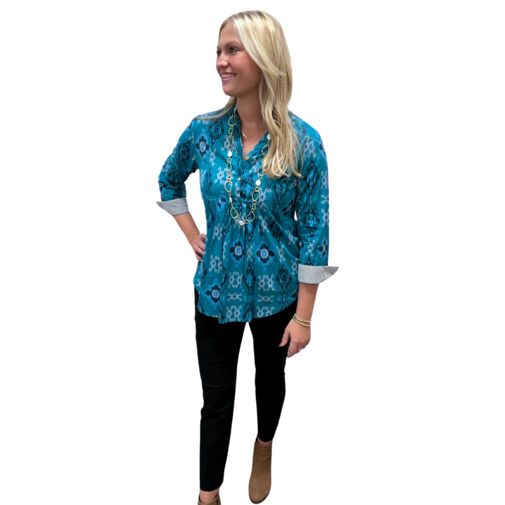 The Elliott Button Front Top in Teal Green Ikat — view 5