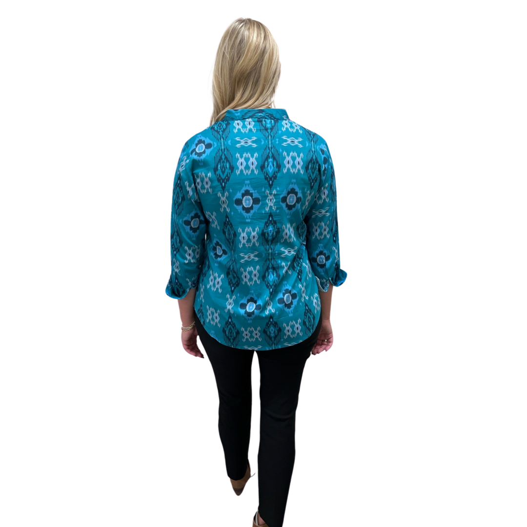 The Elliott Button Front Top in Teal Green Ikat — view 6