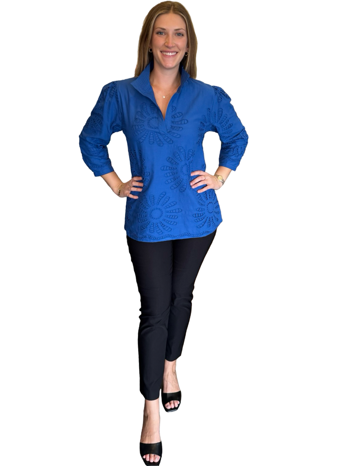 The Shipley Top in Royal Blue Embroidered Schiffle Cotton