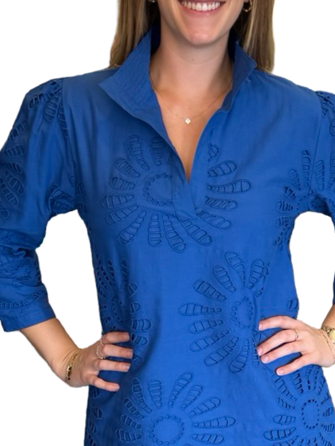 The Shipley Top in Royal Blue Embroidered Schiffle Cotton