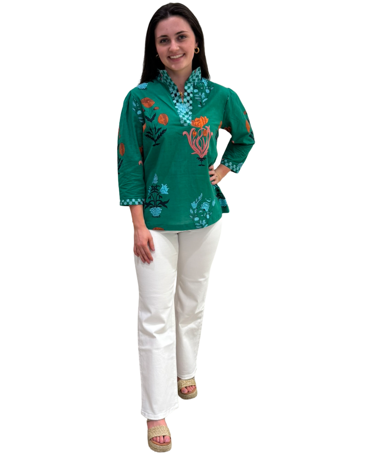The Shipley Stand Up Collar Top in Green Floral with Embroidery Detailing — view 3