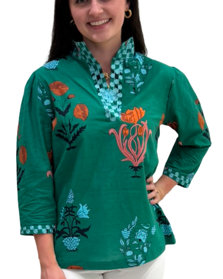 The Shipley Stand Up Collar Top in Green Floral with Embroidery Detailing — view 6