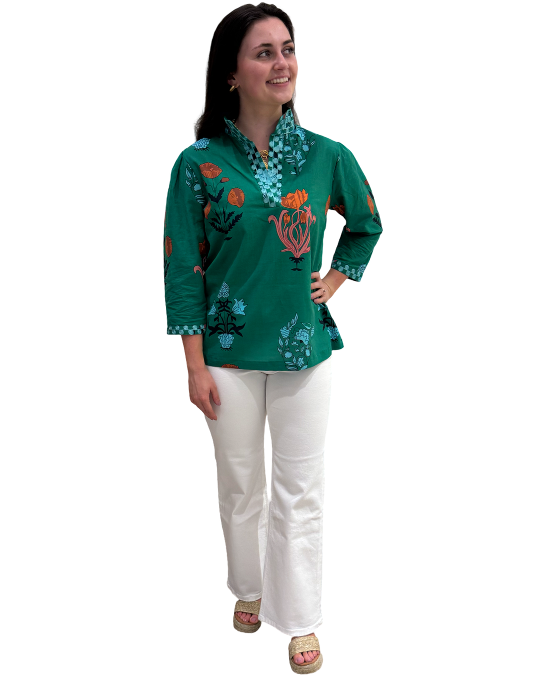 The Shipley Stand Up Collar Top in Green Floral with Embroidery Detailing — view 4