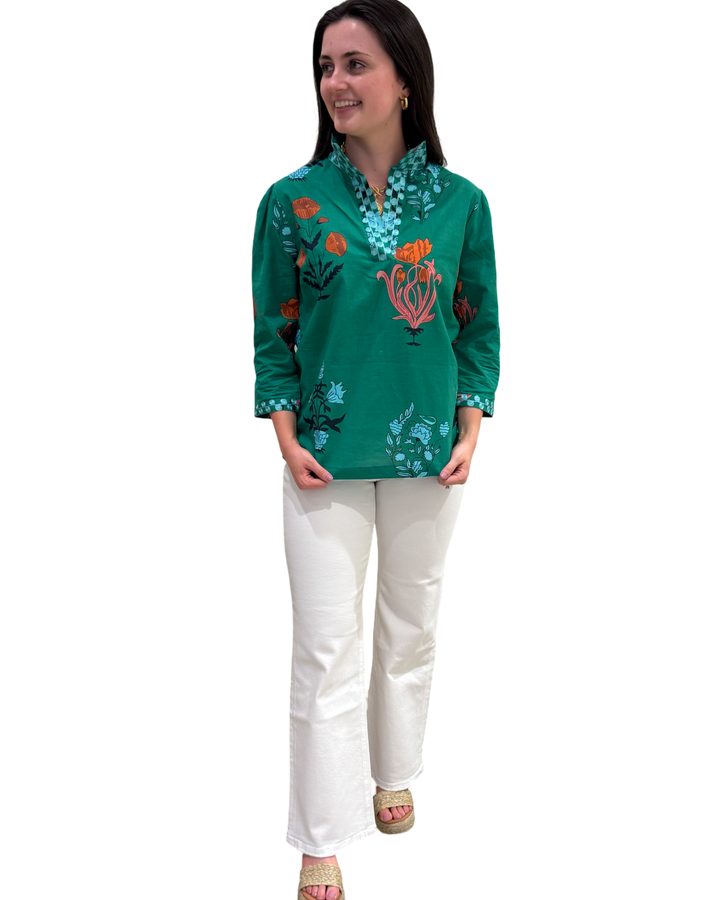 The Shipley Stand Up Collar Top in Green Floral with Embroidery Detailing — view 5