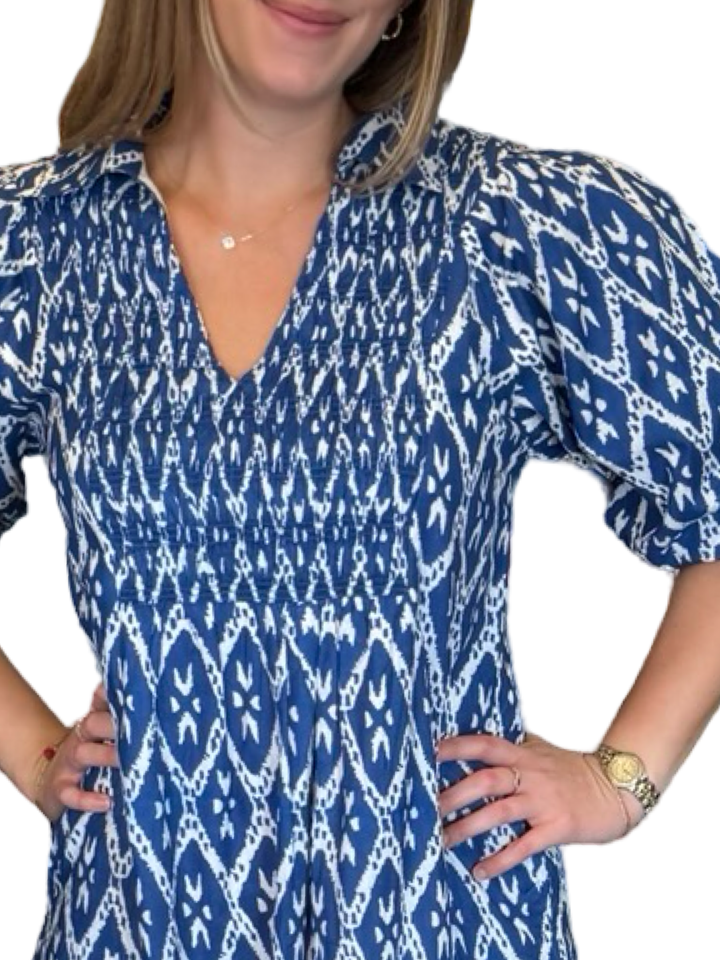 The Joanie Smocked Dress in Blue White Ikat