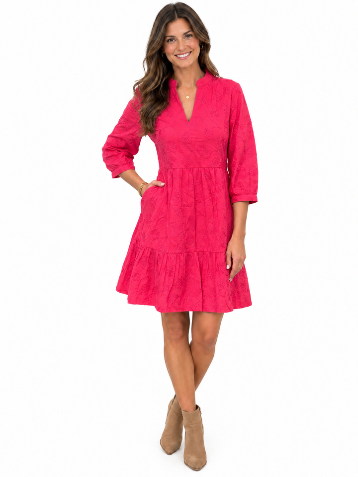 The Preston Embroidered 3/4 Sleeve Dress in Pink