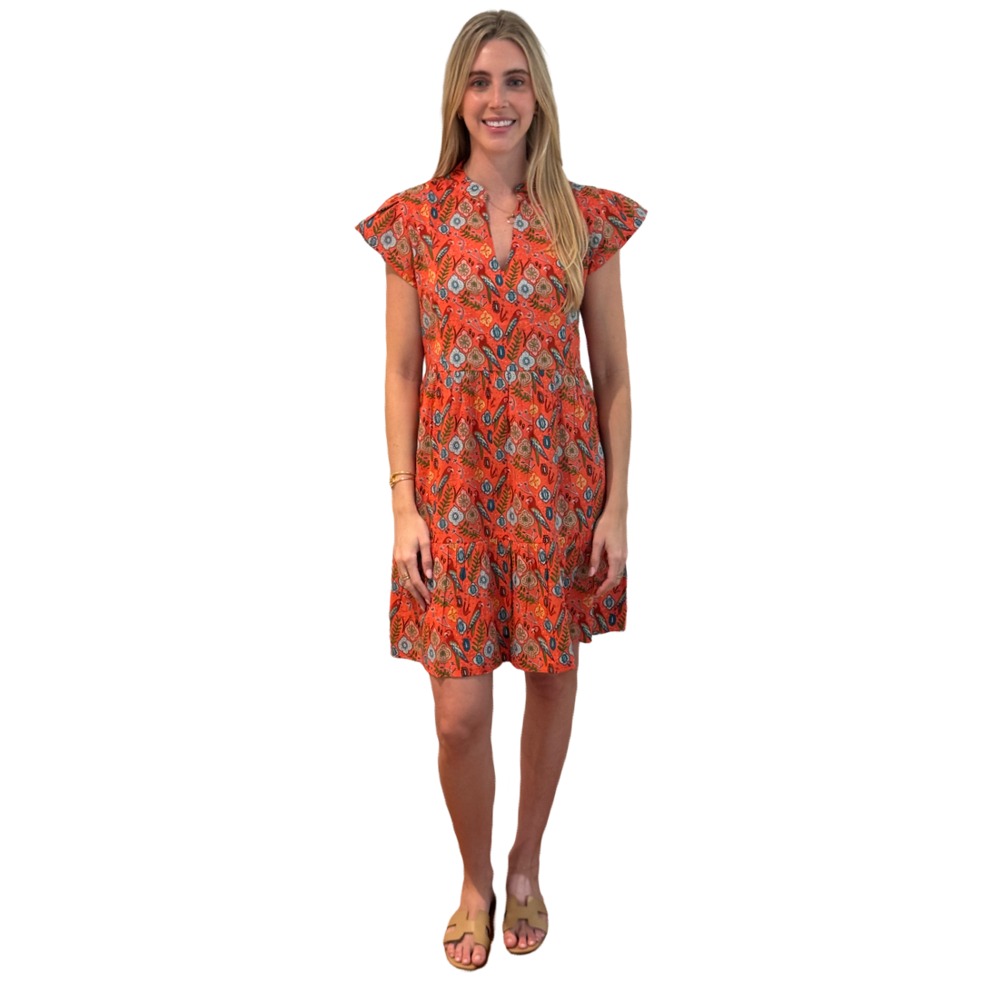 The Preston Cotton Parrot Print Dress in Coral — view 2