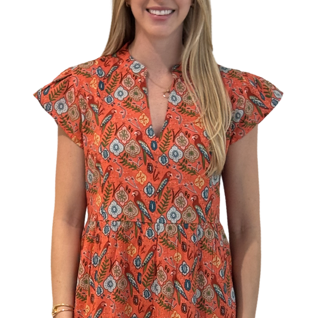The Preston Cotton Parrot Print Dress in Coral — view 3