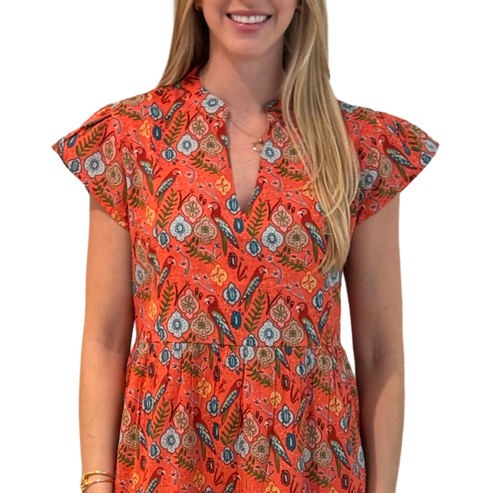 The Preston Cotton Parrot Print Dress in Coral — view 3