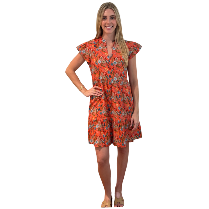 The Preston Cotton Parrot Print Dress in Coral