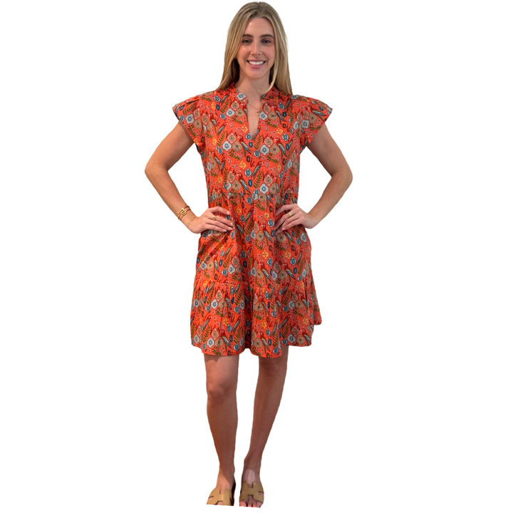 The Preston Cotton Parrot Print Dress in Coral — view 4