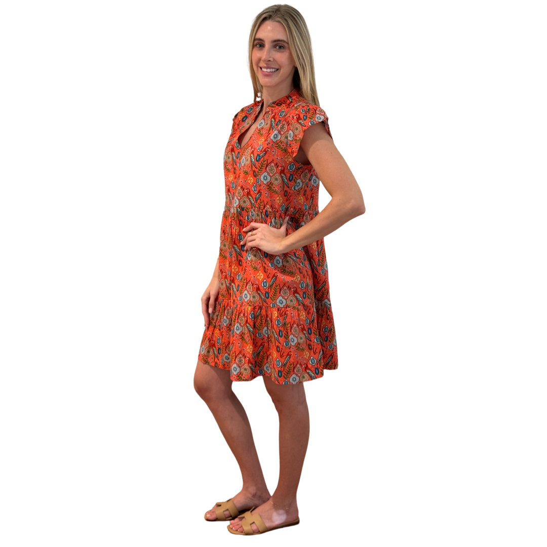 The Preston Cotton Parrot Print Dress in Coral — view 5