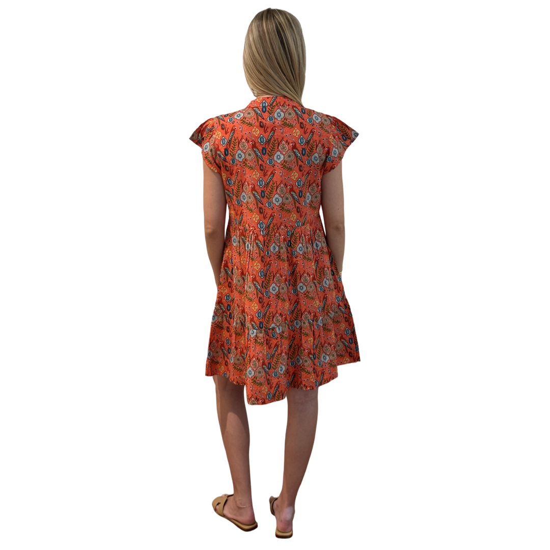 The Preston Cotton Parrot Print Dress in Coral — view 6