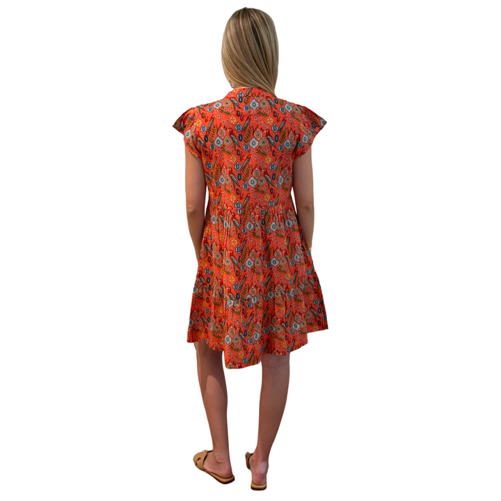 The Preston Cotton Parrot Print Dress in Coral — view 6