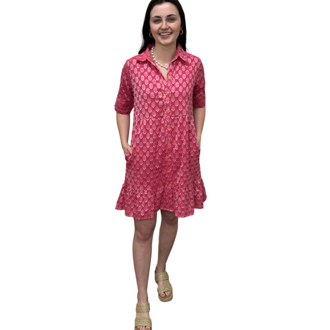 The Reagan Dress in Pink and White Cotton Jacquard — view 2