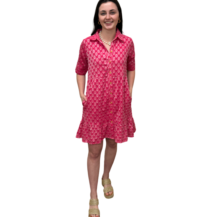 The Reagan Dress in Pink and White Cotton Jacquard — view 2