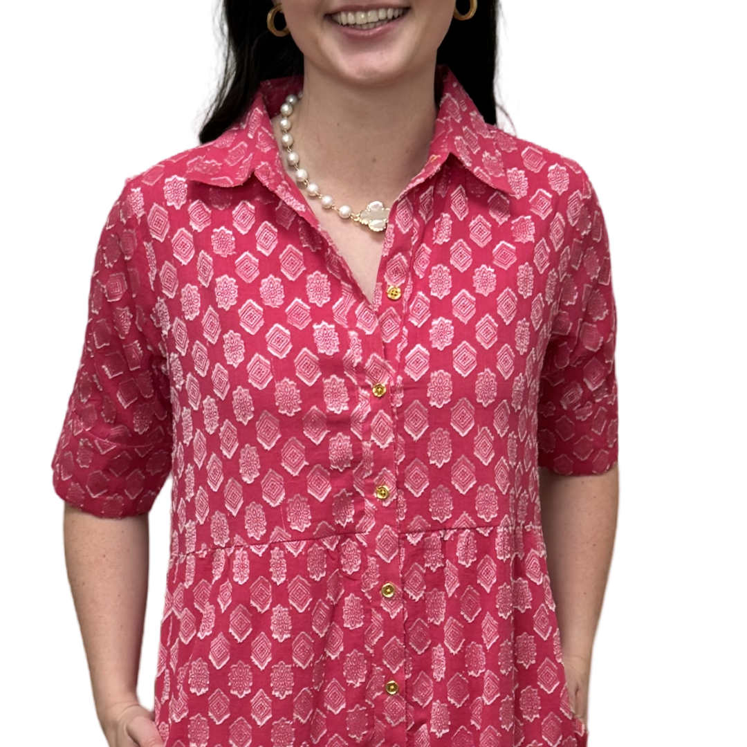 The Reagan Dress in Pink and White Cotton Jacquard — view 3