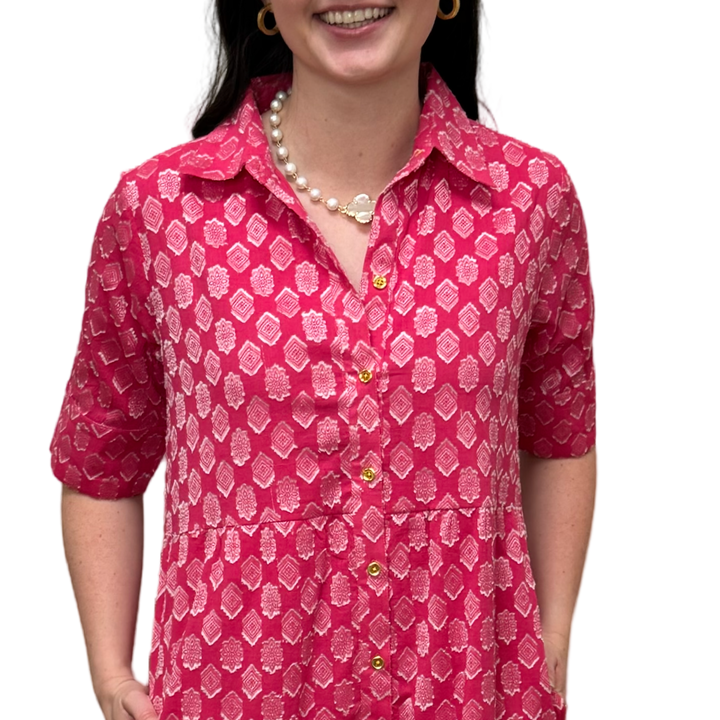 The Reagan Dress in Pink and White Cotton Jacquard — view 3
