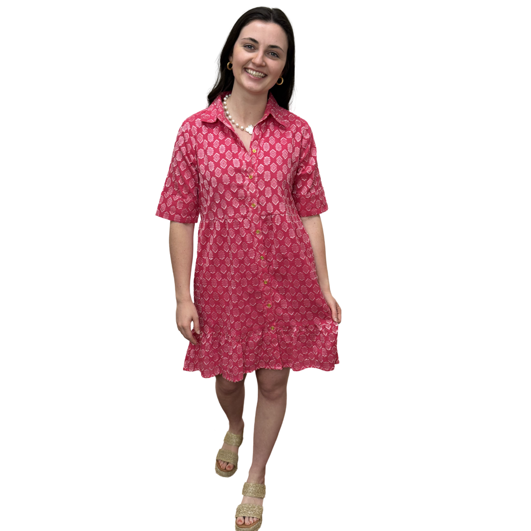 The Reagan Dress in Pink and White Cotton Jacquard