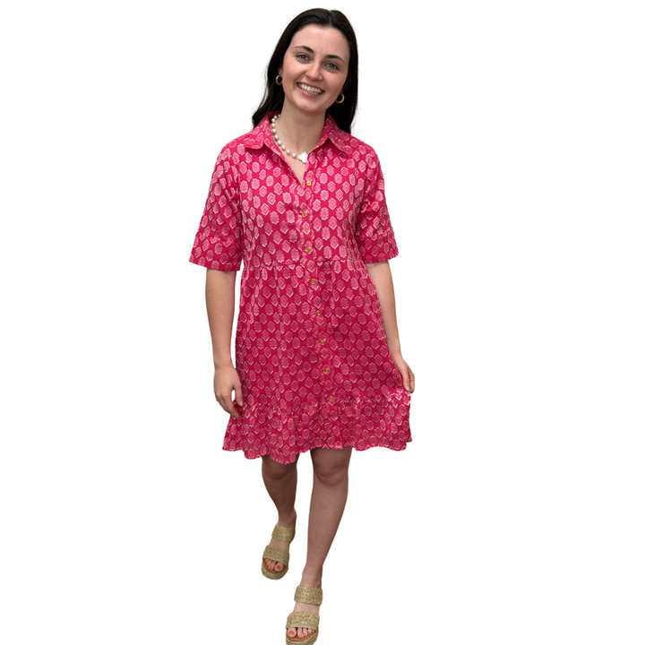 The Reagan Dress in Pink and White Cotton Jacquard